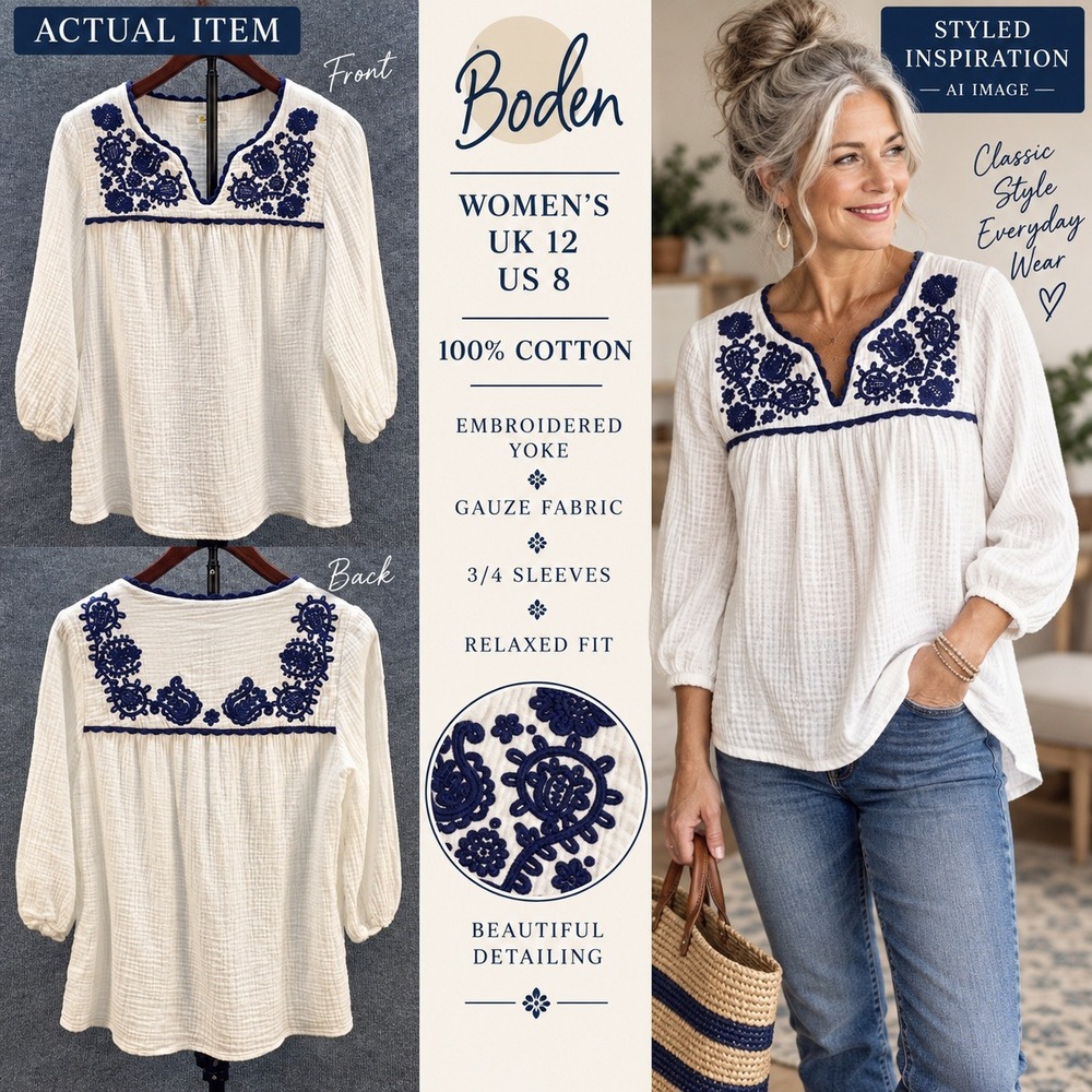 Boden Embroidered Gauze Blouse Women Boho V-Neck White Navy US 8 Excellent